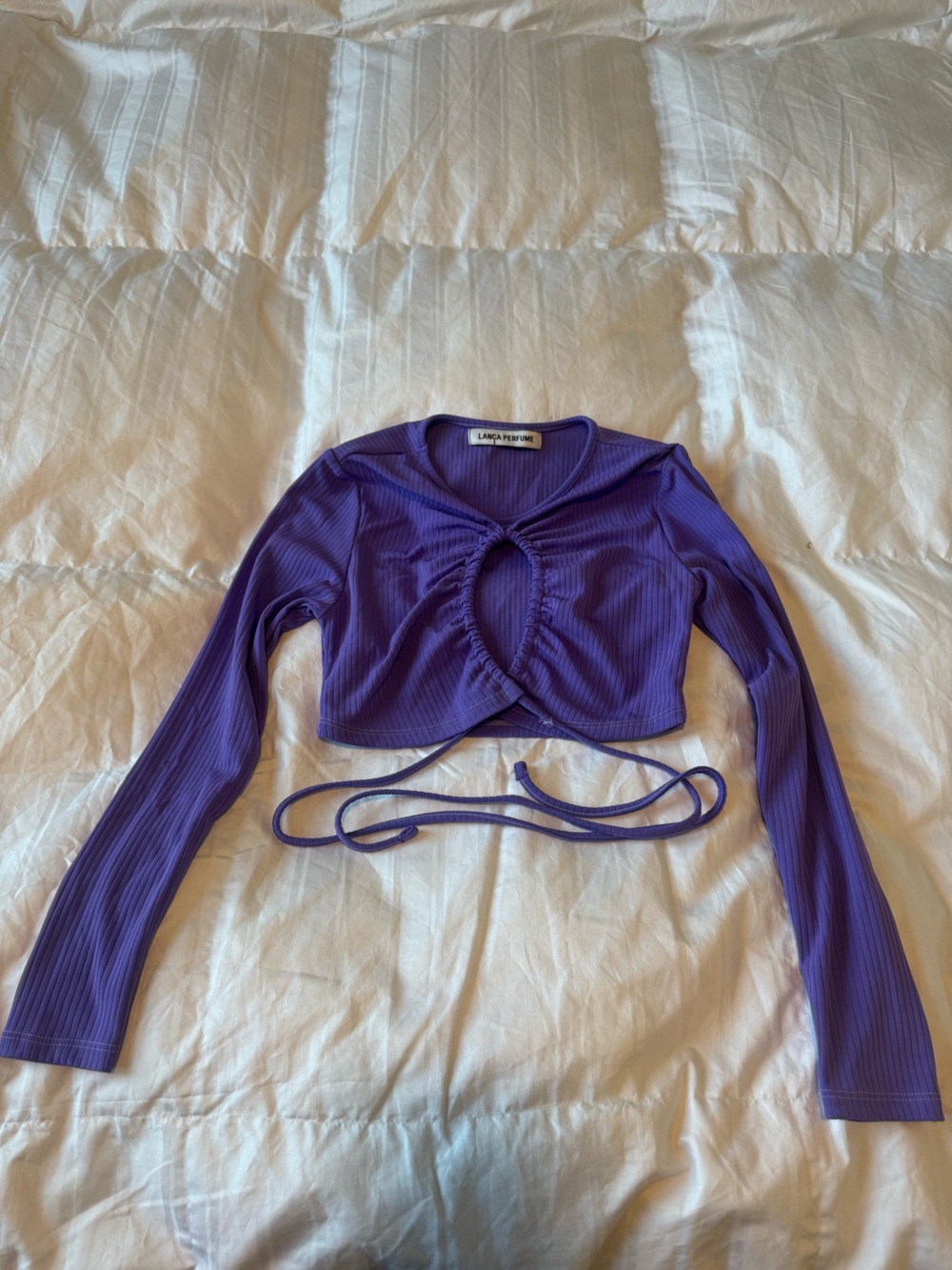 Purple Ribbed Cutout Long-Sleeve Crop Top